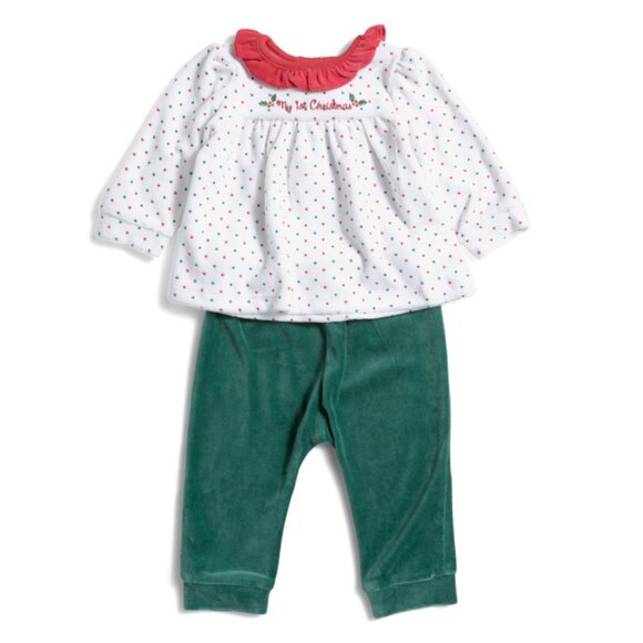 LITTLE ME Green Newborn Girls 2pc Holly Dot Top And Pants Set - Picture 1 of 2